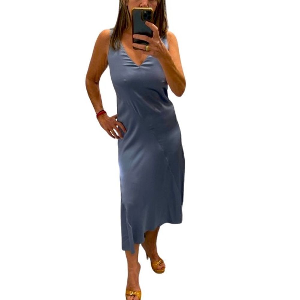 Vince Silk Satin Asymmetric Seam V-Neck Dress in Sky Graphite .Size XS